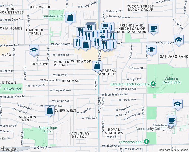 map of restaurants, bars, coffee shops, grocery stores, and more near 10039 North 67th Drive in Peoria