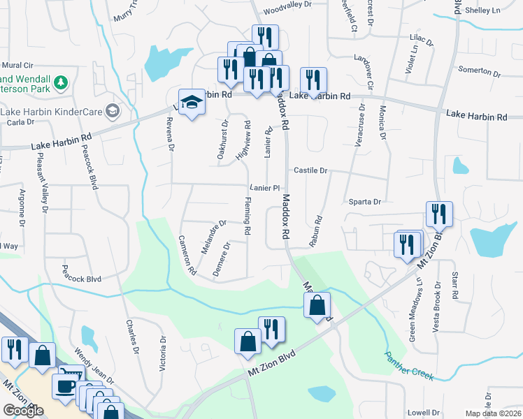 map of restaurants, bars, coffee shops, grocery stores, and more near 6505 Allatoona Road in Morrow