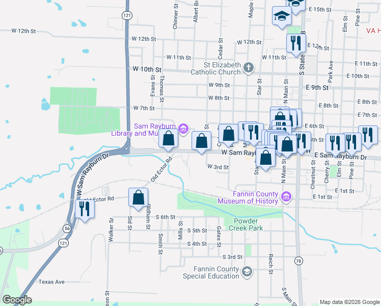 map of restaurants, bars, coffee shops, grocery stores, and more near 818 West Sam Rayburn Drive in Bonham