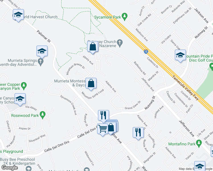map of restaurants, bars, coffee shops, grocery stores, and more near 41913 Black Mountain Trail in Murrieta