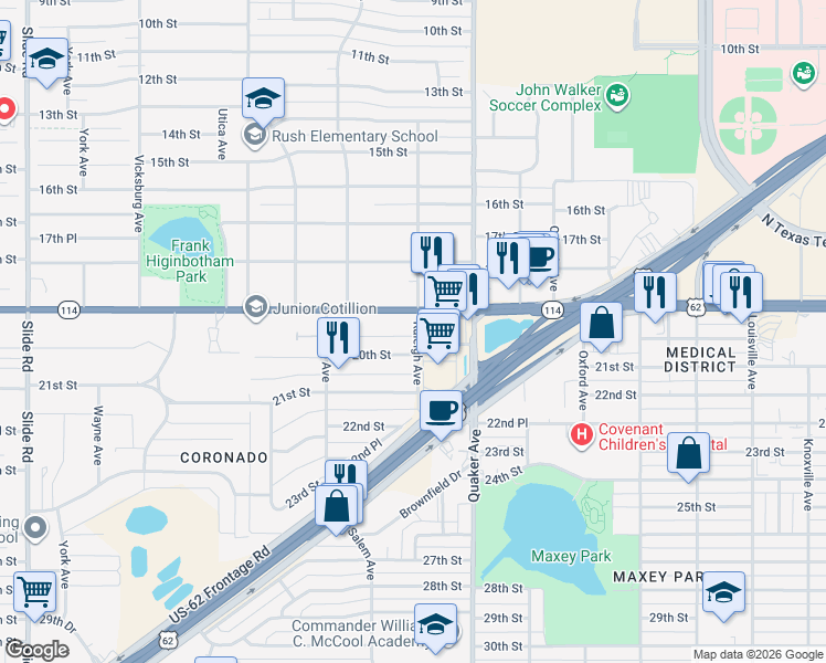map of restaurants, bars, coffee shops, grocery stores, and more near 4421 19th Street in Lubbock