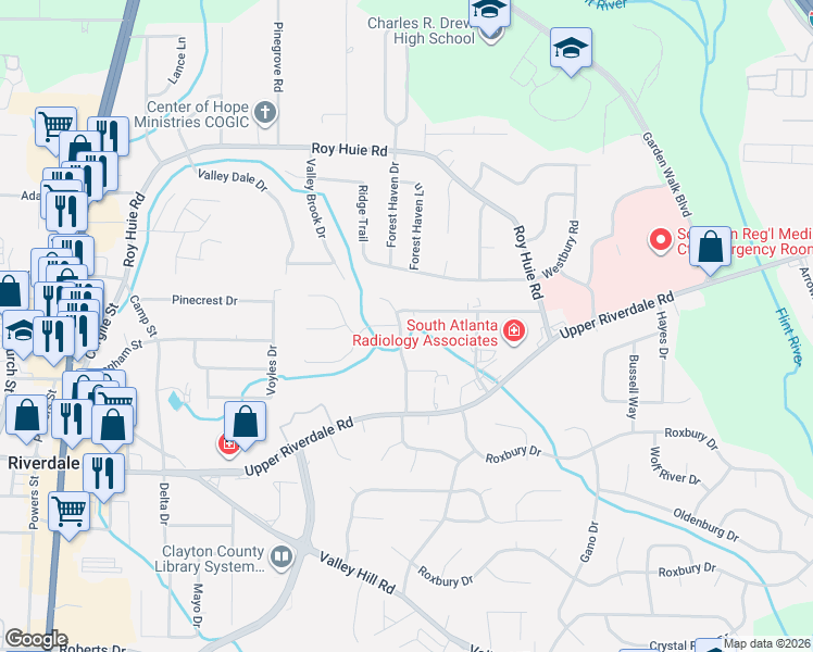 map of restaurants, bars, coffee shops, grocery stores, and more near 6502 River Park Drive in Riverdale