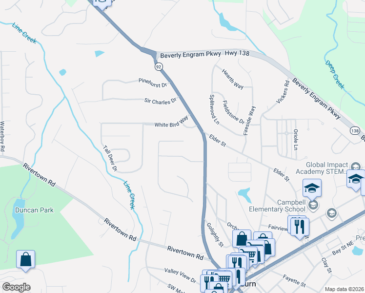 map of restaurants, bars, coffee shops, grocery stores, and more near 2065 Winding Crossing Trail in Fairburn