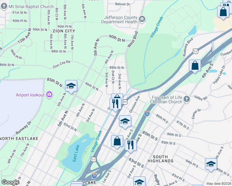 map of restaurants, bars, coffee shops, grocery stores, and more near 209 86th Street North in Birmingham