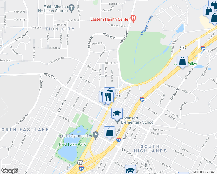 map of restaurants, bars, coffee shops, grocery stores, and more near 209 86th Street North in Birmingham