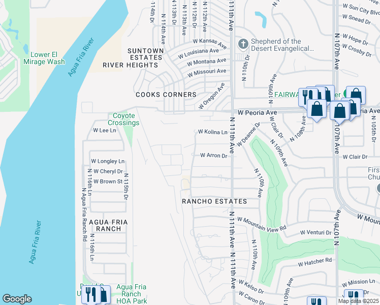 map of restaurants, bars, coffee shops, grocery stores, and more near 10220 North 112th Avenue in Sun City