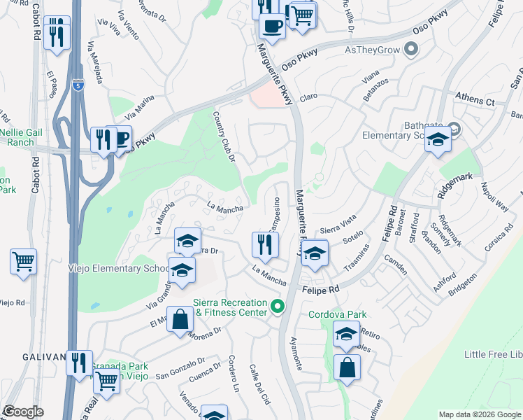 map of restaurants, bars, coffee shops, grocery stores, and more near 26985 Moro Azul in Mission Viejo