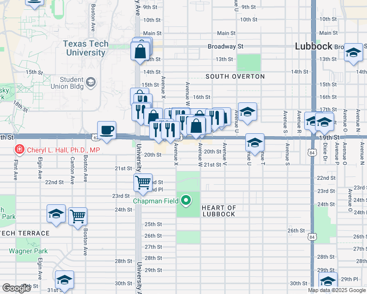 map of restaurants, bars, coffee shops, grocery stores, and more near 2339 19th Street in Lubbock