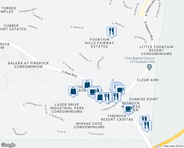 map of restaurants, bars, coffee shops, grocery stores, and more near 16730 East Trevino Drive in Fountain Hills