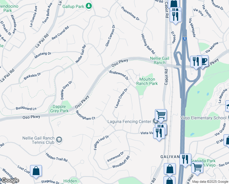 map of restaurants, bars, coffee shops, grocery stores, and more near 25712 Wood Brook Road in Laguna Hills