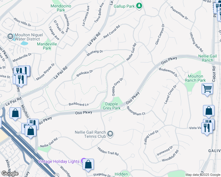 map of restaurants, bars, coffee shops, grocery stores, and more near 26571 Dapple Grey Drive in Laguna Hills