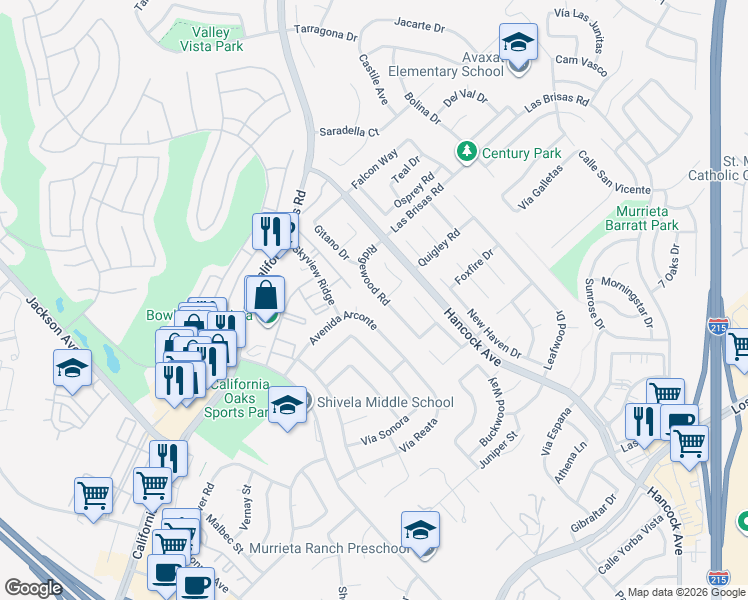 map of restaurants, bars, coffee shops, grocery stores, and more near 24438 Ridgewood Road in Murrieta