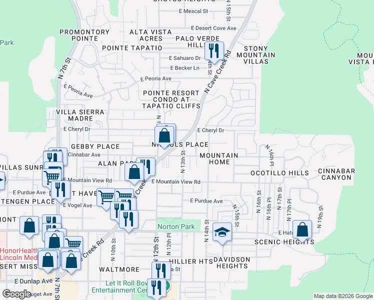 map of restaurants, bars, coffee shops, grocery stores, and more near 10029 North Cave Creek Road in Phoenix