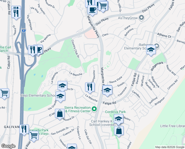 map of restaurants, bars, coffee shops, grocery stores, and more near 26561 Campesino in Mission Viejo
