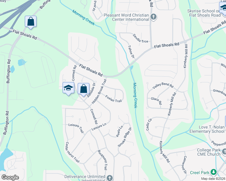 map of restaurants, bars, coffee shops, grocery stores, and more near 2580 Foxlair Trail in College Park