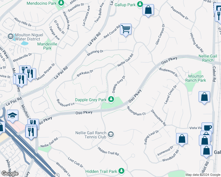 map of restaurants, bars, coffee shops, grocery stores, and more near 26571 Dapple Grey Drive in Laguna Hills