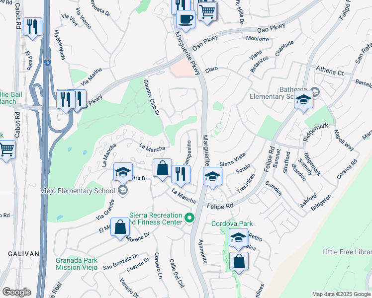 map of restaurants, bars, coffee shops, grocery stores, and more near 26561 Campesino in Mission Viejo