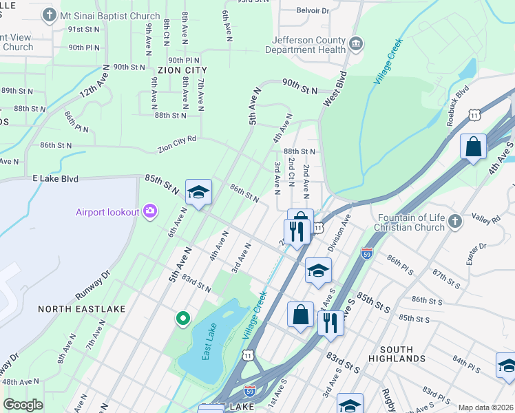 map of restaurants, bars, coffee shops, grocery stores, and more near 301 86th Street North in Birmingham
