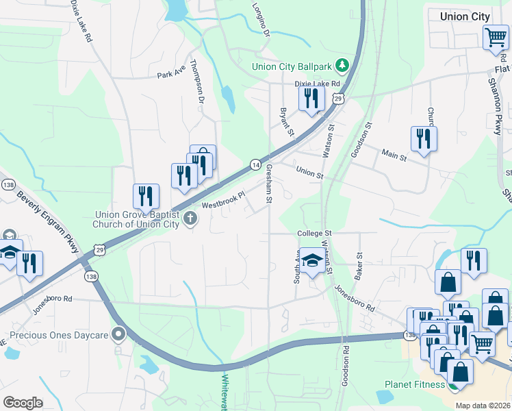 map of restaurants, bars, coffee shops, grocery stores, and more near 6541 Gresham Street in Union City