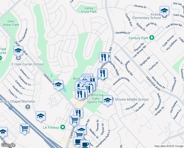 map of restaurants, bars, coffee shops, grocery stores, and more near 40455 Vía Francisco in Murrieta