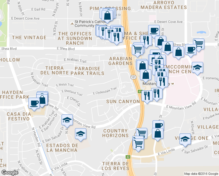 map of restaurants, bars, coffee shops, grocery stores, and more near 8658 East Clydesdale Trail in Scottsdale