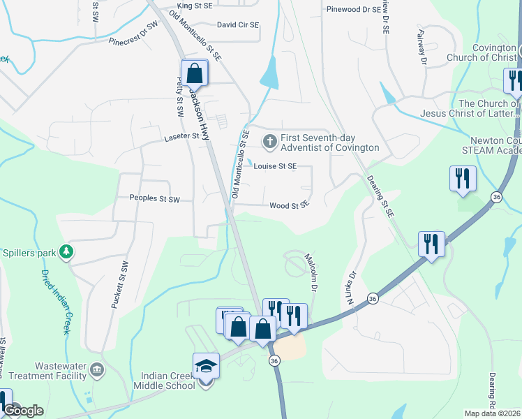 map of restaurants, bars, coffee shops, grocery stores, and more near 8150 Wood Street Southeast in Covington