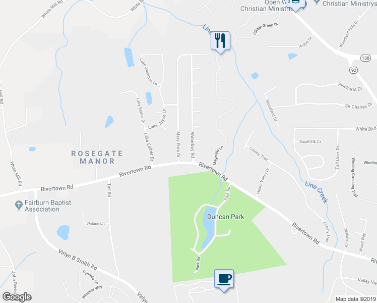 map of restaurants, bars, coffee shops, grocery stores, and more near 390 Waterboy Road in Fairburn