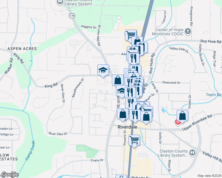 map of restaurants, bars, coffee shops, grocery stores, and more near 6501 Church Street in Riverdale