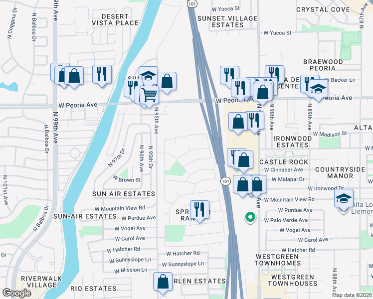 map of restaurants, bars, coffee shops, grocery stores, and more near 10246 93rd Drive in Peoria