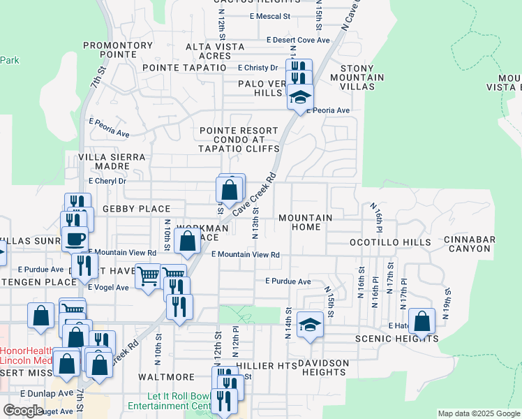 map of restaurants, bars, coffee shops, grocery stores, and more near 10029 North Cave Creek Road in Phoenix