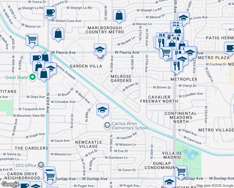 map of restaurants, bars, coffee shops, grocery stores, and more near 3820 West Dalphin Road in Phoenix