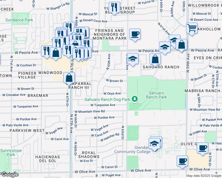 map of restaurants, bars, coffee shops, grocery stores, and more near 6346 West Cinnabar Avenue in Glendale