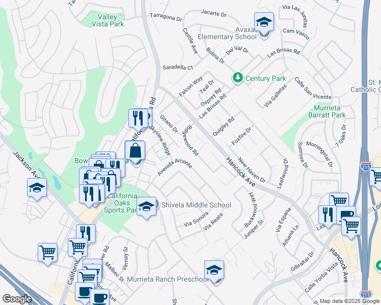map of restaurants, bars, coffee shops, grocery stores, and more near 24438 Ridgewood Road in Murrieta
