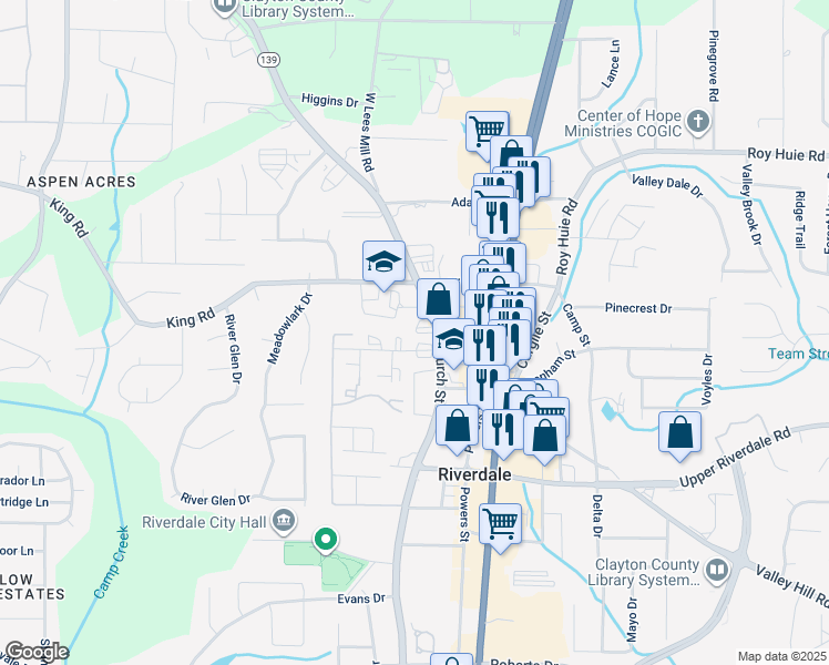 map of restaurants, bars, coffee shops, grocery stores, and more near 6501 Church Street in Riverdale