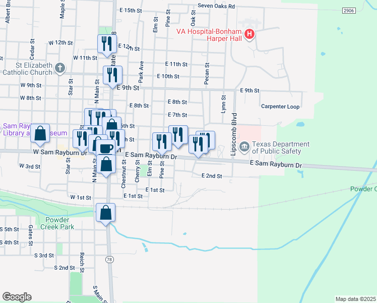 map of restaurants, bars, coffee shops, grocery stores, and more near 812 East 5th Street in Bonham