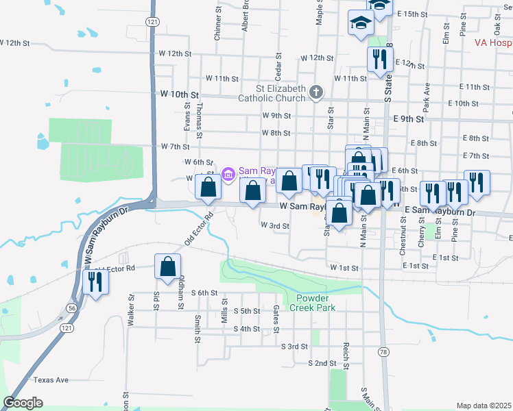 map of restaurants, bars, coffee shops, grocery stores, and more near 700 West Sam Rayburn Drive in Bonham