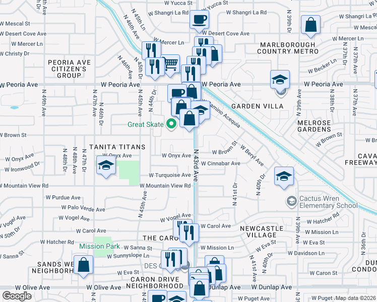 map of restaurants, bars, coffee shops, grocery stores, and more near 10030 North 43rd Avenue in Glendale