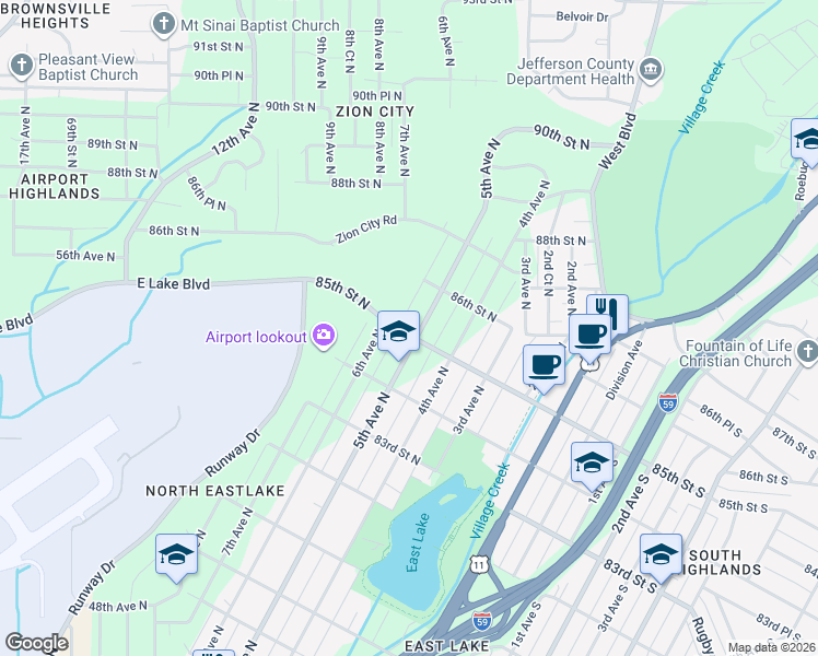 map of restaurants, bars, coffee shops, grocery stores, and more near 8500 5th Avenue North in Birmingham