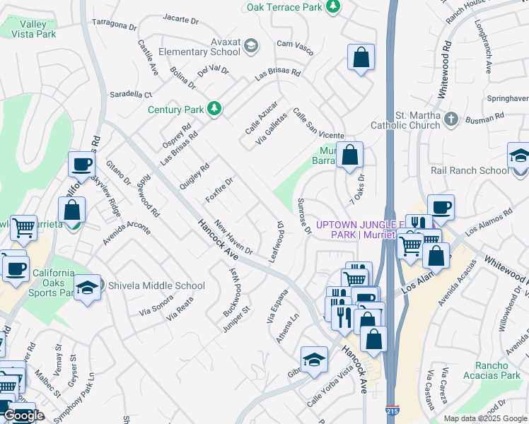 map of restaurants, bars, coffee shops, grocery stores, and more near 24623 Leafwood Drive in Murrieta