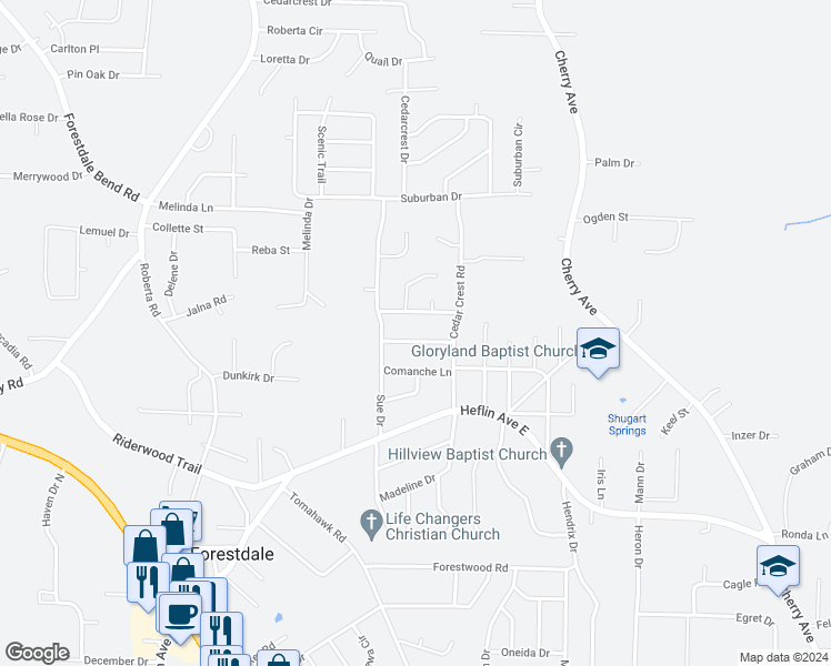 map of restaurants, bars, coffee shops, grocery stores, and more near 712 Arrow Road in Birmingham