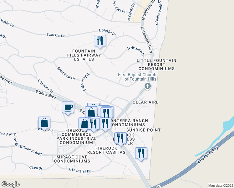 map of restaurants, bars, coffee shops, grocery stores, and more near 17036 East Lema Circle in Fountain Hills