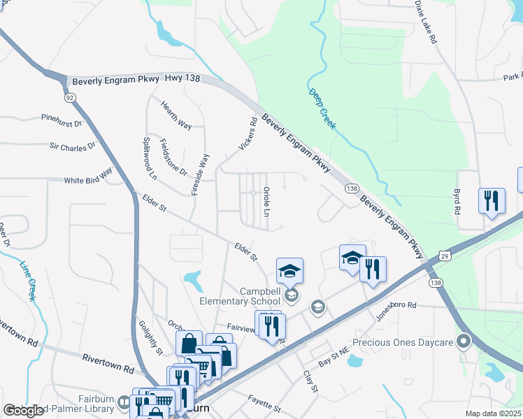 map of restaurants, bars, coffee shops, grocery stores, and more near 4070 Oriole Lane in Fairburn