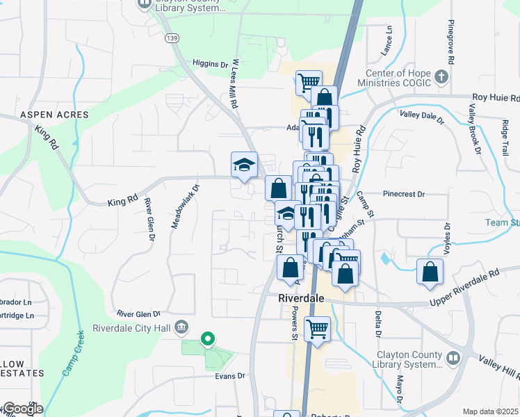 map of restaurants, bars, coffee shops, grocery stores, and more near 6513 Church Street in Riverdale