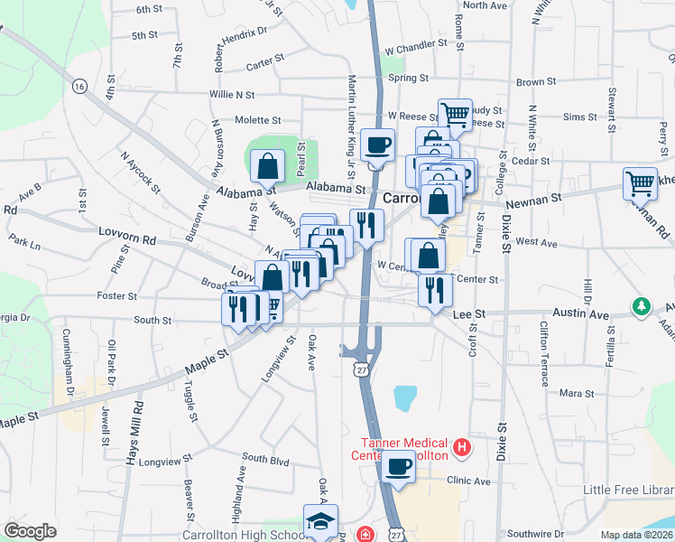 map of restaurants, bars, coffee shops, grocery stores, and more near 401d Maple Street in Carrollton