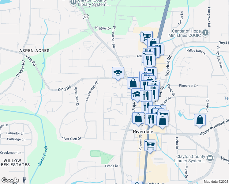map of restaurants, bars, coffee shops, grocery stores, and more near 835 Chateau Lane in Riverdale