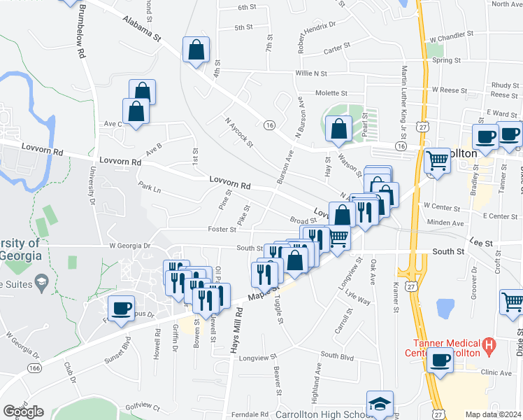 map of restaurants, bars, coffee shops, grocery stores, and more near 304 Broad Street in Carrollton