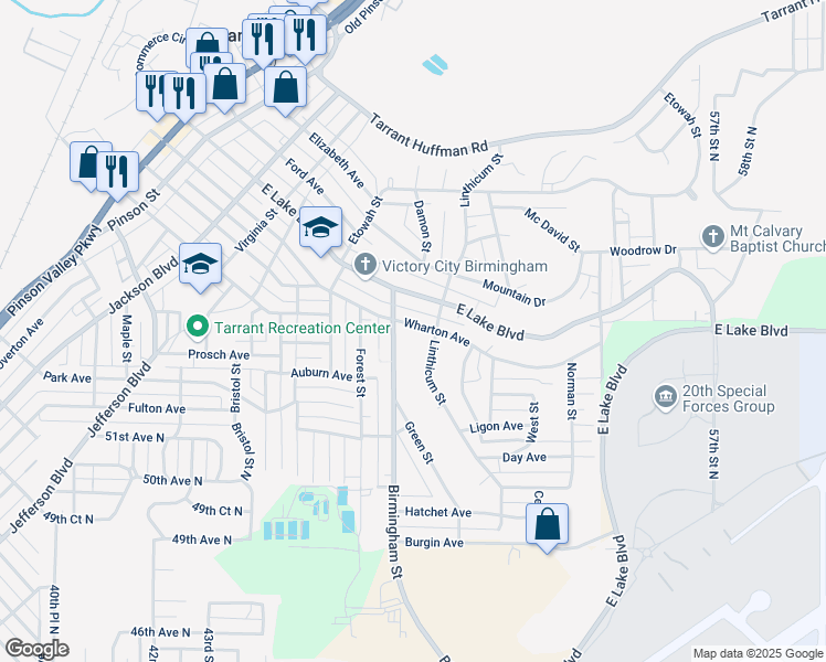 map of restaurants, bars, coffee shops, grocery stores, and more near 1623 Wharton Avenue in Birmingham