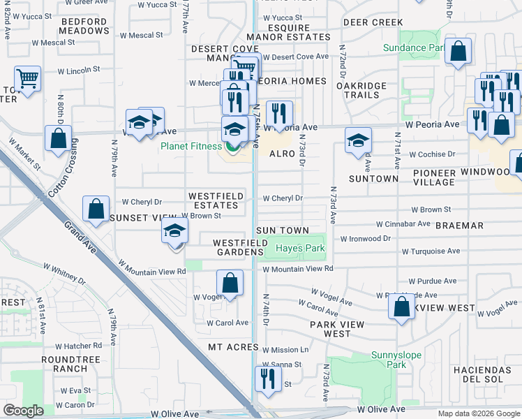 map of restaurants, bars, coffee shops, grocery stores, and more near 7465 West Cheryl Drive in Peoria