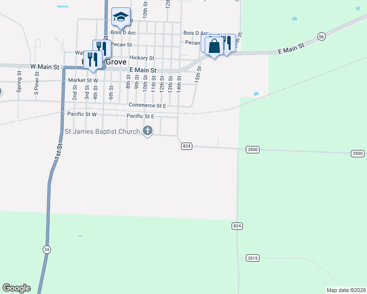 map of restaurants, bars, coffee shops, grocery stores, and more near 606 Farm to Market Road 824 in Honey Grove