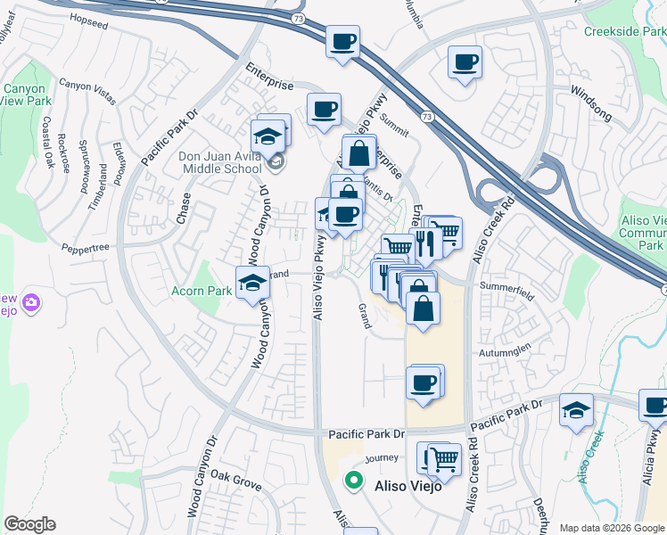 map of restaurants, bars, coffee shops, grocery stores, and more near 130 Vantis Drive in Aliso Viejo